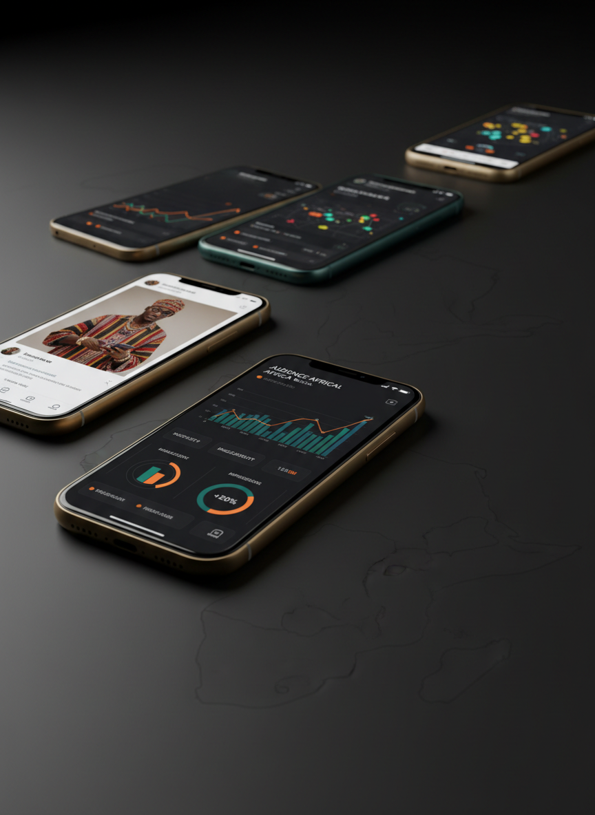 A row of premium smartphones arranged in a gentle arc on a matte black studio surface, each screen showing different social media analytics dashboards, engagement graphs, and branded content mockups tailored to African and international audiences. Subtle brand-color accents frame the devices, and faint outlines of the African continent are embossed in the background texture. Directional softbox lighting from the left creates clean highlights on the metallic edges and glass screens, while the right side falls into a smooth gradient shadow. Photographic realism, shot at eye level with a shallow depth of field that keeps the central phone razor-sharp, creates an energetic, data-driven yet polished mood suitable for showcasing performance-focused influence campaigns.