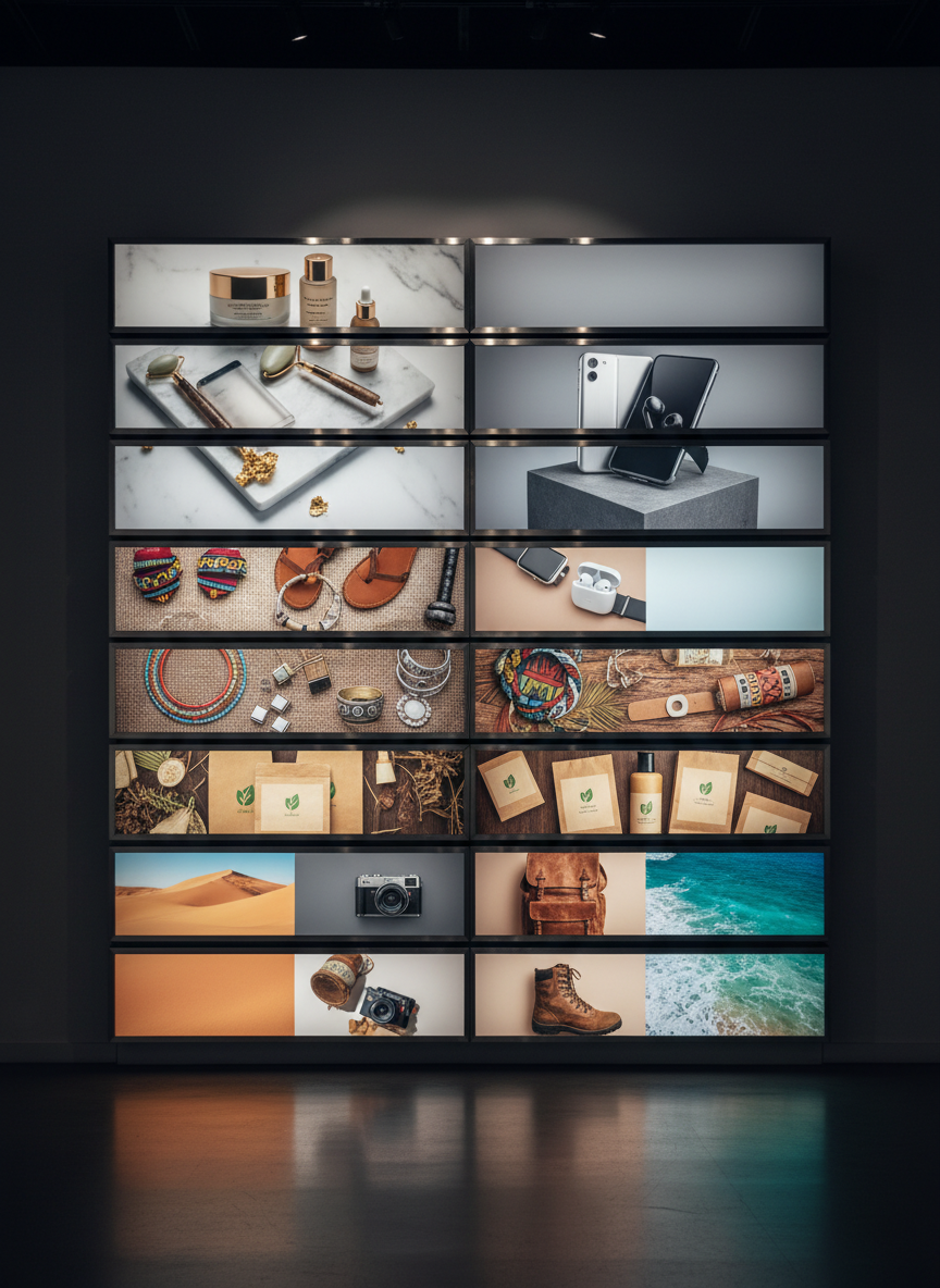A minimalist wall of stacked lightbox panels, each panel displaying a different niche influence campaign theme without showing people: luxury skincare products on marble, high-end tech gadgets, African fashion accessories, eco-conscious packaging, and travel gear against desert and coastline backdrops. Thin metallic frames separate the glowing panels, forming a refined grid. The environment is a dark, gallery-like space so the illuminated images appear vivid and saturated. Subtle spotlights from the ceiling add a soft halo above the wall, while the floor reflects a faint sheen of colors. Photographic realism with a wide-angle lens, centered composition, and deep focus creates a bold, curated, and aspirational mood that communicates the agency’s diversity of campaigns and creative sophistication.