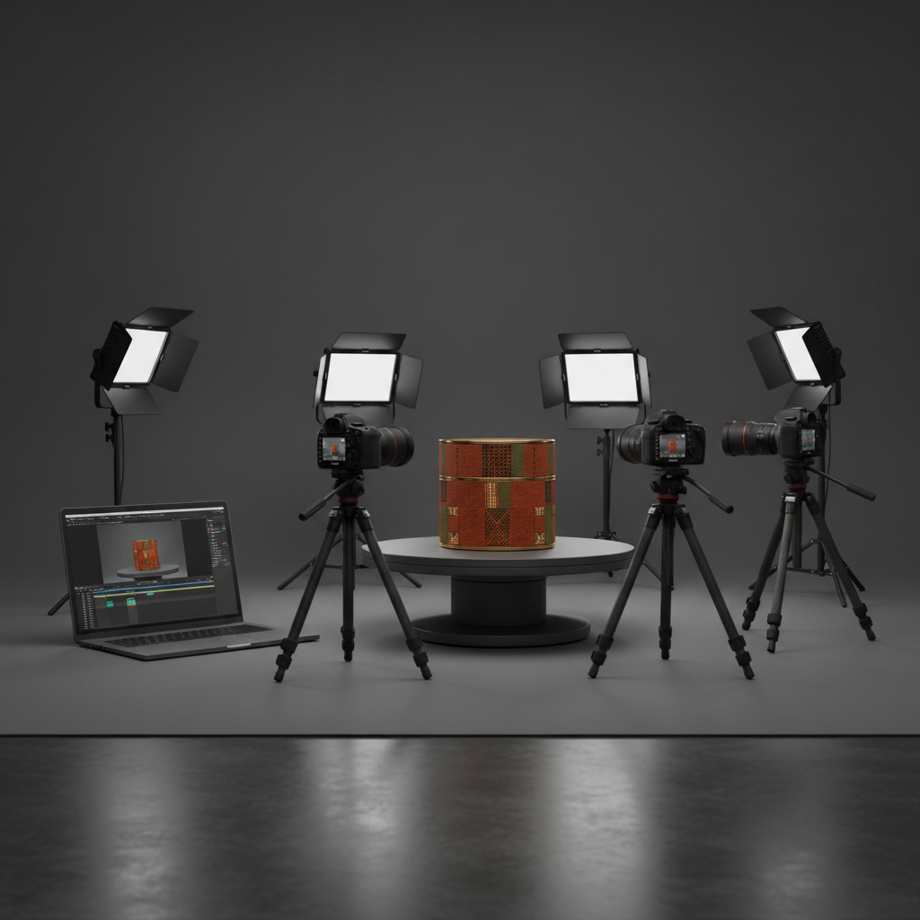 A high-end studio setup featuring a rotating turntable with an elegant African-inspired premium product package at the center, adorned with subtle geometric patterns and deep earthy tones accented by metallic gold. Surrounding it are professional DSLR cameras on tripods, directional LED panel lights with barn doors, and a laptop showing a live feed and editing timeline of a social campaign asset. The backdrop is a seamless charcoal gray paper sweep, perfectly smooth. Precise, controlled studio lighting creates dramatic yet clean highlights on the product edges and rich shadows for depth. Photographic realism, captured from a slightly low three-quarter angle with shallow depth of field focusing on the product, evokes a meticulous, high-production-value atmosphere suited to showcasing the agency’s creative production capabilities.