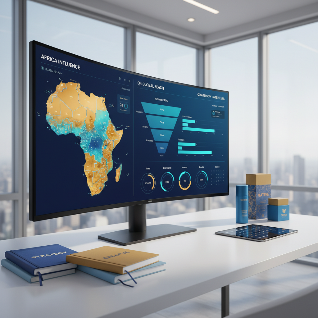 A large curved ultra-wide monitor on a clean white desk displaying a detailed performance dashboard for an international influencer campaign in Africa: heatmaps, conversion funnels, and engagement metrics rendered in sophisticated blues and warm golds. Around the monitor sit color-coded strategy notebooks, neatly stacked branded packaging mockups, and a tablet showing a campaign calendar. The setting is a bright, daylight-filled workspace with floor-to-ceiling windows and a soft city skyline blurred outside. Natural diffused light combines with subtle overhead illumination, casting gentle, professional shadows. Photographic realism, framed using the rule of thirds from a three-quarter angle, conveys a calm, analytical, and results-oriented atmosphere that highlights the agency’s precision and global reach.